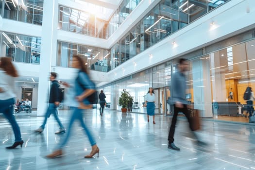 Business workplace with people in walking in blurred motion in modern office space, Generative AI.