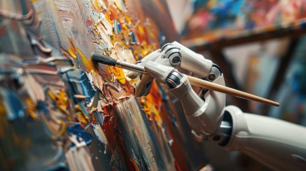 A robot is painting a picture with a brush. The robot is white and has a human-like appearance. The painting is colorful and has a lot of texture. The robot's movements are precise and controlled