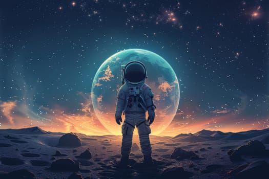 A cute astronaut standing on the moon with beautiful galaxy background, Generative AI.