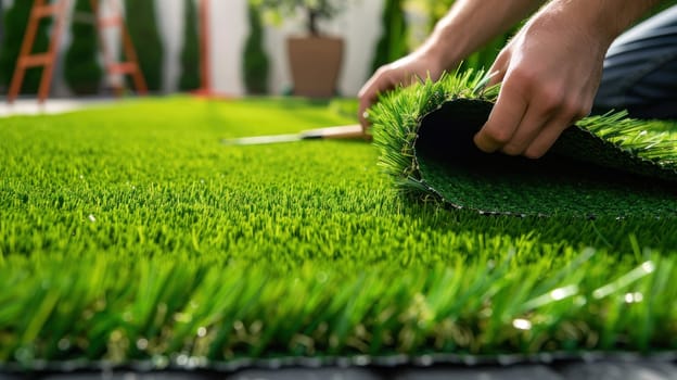 A man is laying down a piece of artificial grass.