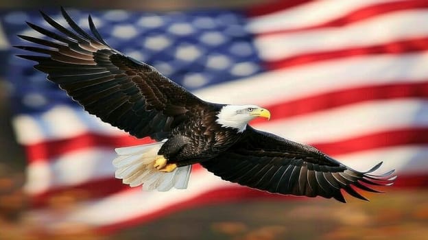 A bald eagle flying over a red, white, and blue American flag.