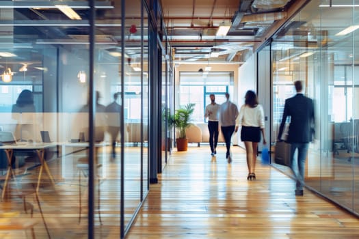 Business workplace with people in walking in blurred motion in modern office space, Generative AI.