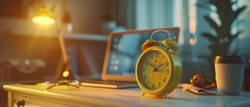 A yellow alarm clock sits on a wooden desk next to a laptop and a cup.