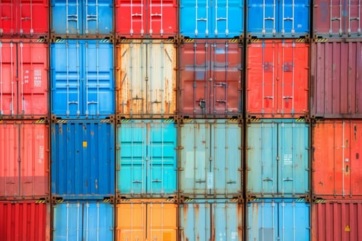 Stacked shipping container on logistics center, Abstract container background, Generative AI.