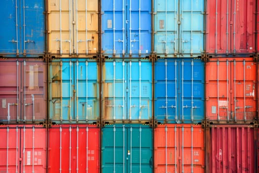 Stacked shipping container on logistics center, Abstract container background, Generative AI.