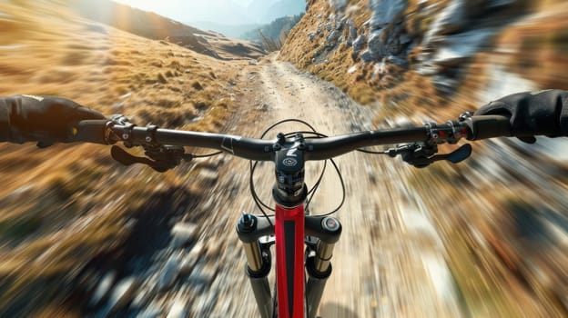 A close up of a mountain bike rider on a dirt road.