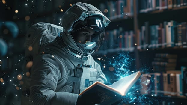 A man in a spacesuit is reading a book in a library. The book is glowing and the man is surrounded by a blue light. The scene is surreal and dreamlike