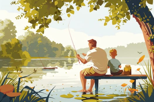 Father's Day greeting card design flat illustration, A man and a boy are sitting on a dock by a lake, fishing.