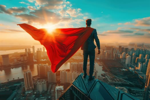 A man in a red cape stands on a rooftop in a city. The man is looking out over the city, and the sky is blue
