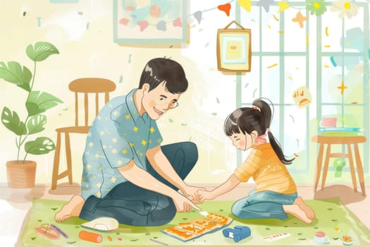 Father's Day greeting card design flat illustration, A man and a little girl are playing with blocks.