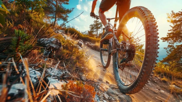 A person is riding a bike on a rocky mountain trail.