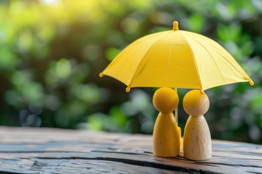 Two people are standing under a yellow umbrella. The umbrella is open and the people are looking at each other. Scene is warm and friendly