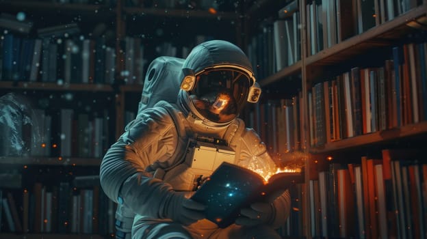 A man in a spacesuit is reading a book in a library.