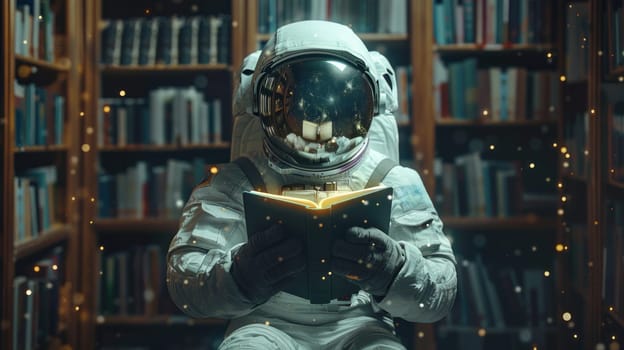 A man in a spacesuit is reading a book in a library.