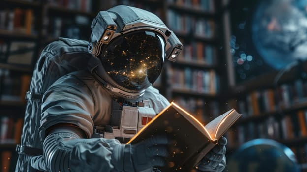 A man in a spacesuit is reading a book in a library.