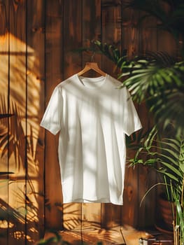 A white tshirt hangs on a metal hanger in front of a wooden wall, with a background of grass and twigs, creating a natural and stylish event backdrop