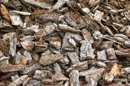 Wood chips, mixture of dark gray, light gray, and brown tones, creating a textured and natural appearance