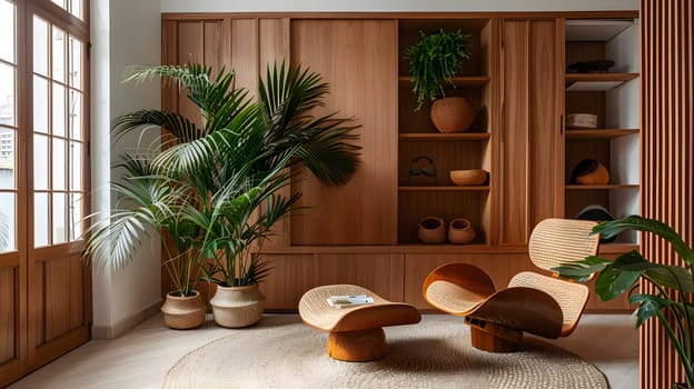 A cozy living room with a wooden chair, table, and plants. The hardwood flooring complements the green houseplants by the window