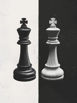 A monochrome still life photo featuring two chess pieces on a dark tabletop board game, showcasing tints and shades in a font style