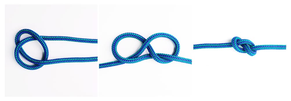knot, instruction or steps to tie ropes and material on white background in studio for security. Frames, cords or blue design for learning technique, gear tools or safety for survival guide lesson.