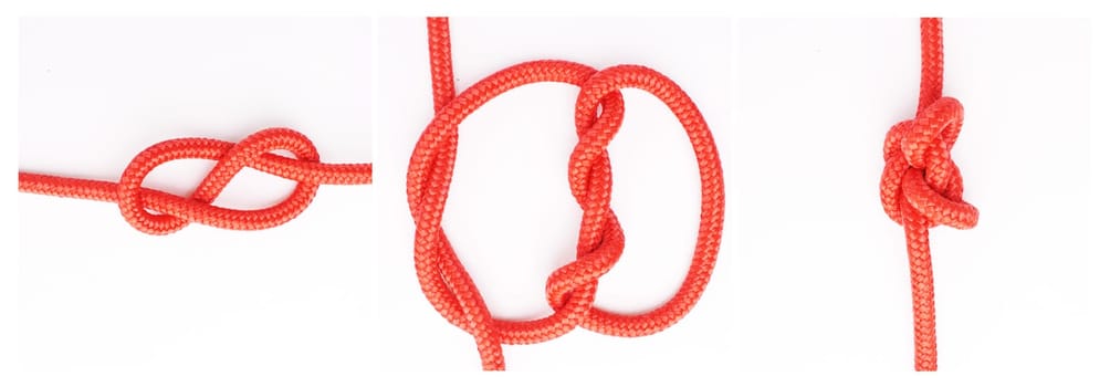 Tools, steps or how to tie knot on white background in studio for security or safety instruction. Material, ropes and color design for cords technique, guide or learning for survival cable lesson.