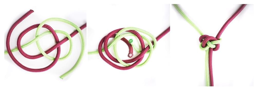 Knot, cords or how to tie ropes on white background in studio for security or instruction steps frame. Material, safety or color design for technique, gear tools or learning for survival guide lesson.