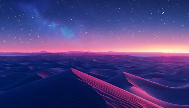 An eerie desert landscape at night with a starry sky above, sand dunes in the foreground, creating a tranquil atmosphere in this arid ecoregion