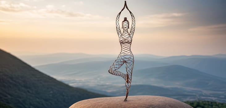 Woman in yoga pose, bent wire figure on nature backdrop, Creative figures symbol of tranquility, art and serenity intersection