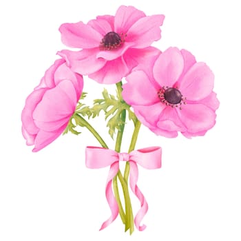 A bouquet of pink anemones adorned with a pink satin ribbon. watercolors for enhancing wedding invitations greeting cards floral-themed designs, digital backgrounds, art prints and decorative projects.