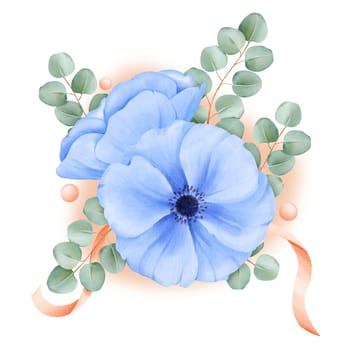 A watercolor arrangement blue anemones and eucalyptus leaves, enhanced with satin ribbons and rhinestones. for elevating wedding invitations, floral branding, digital backgrounds and creative projects.