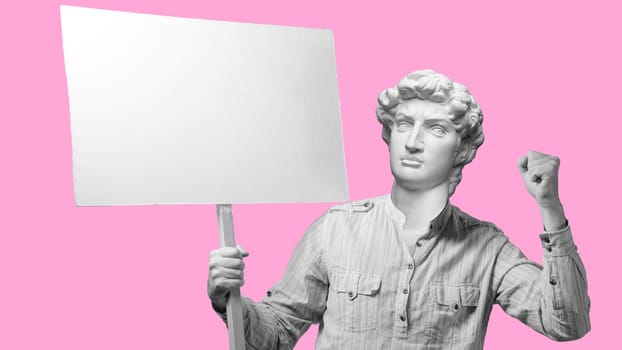 Abstract modern collage. The man with the plaster head of David Angry protesting worker with blank protest sign on pink background