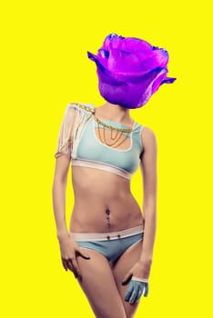 Abstract contemporary art collage beautiful Sexy go-go dancer with flower rose bud on face. On a yellow background