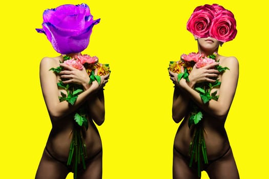 Abstract contemporary art collage beautiful young sexy sensual woman topless holding flowers on naked body with panties with flower rose bud on face. On a yellow background