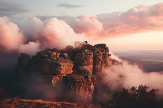 Pink clouds among mountains and rocks.