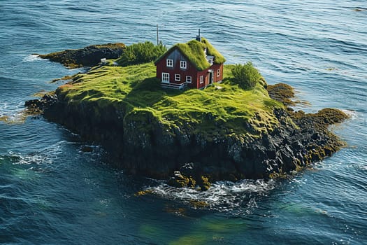 A small house overgrown with moss on an island in the middle of the sea.