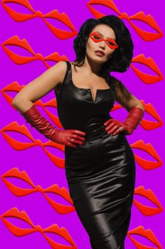 Abstract contemporary art collage luxurious Asian woman posing in black leather dress and red gloves with red glasses lips shape on face and pink background