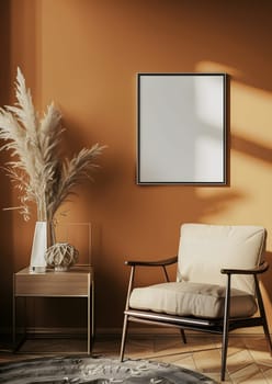 An interior design featuring a living room with orange walls, a chair, a table, and a picture frame on the rectangular wall. A plant sits by the window with wooden flooring