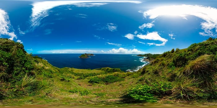 Island and blue ocean. Palaui island, Cape Engano, Dos Hermanas island. Philippines. VR 360.