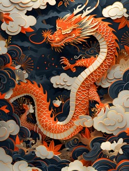 A red dragon, a fictional character, is depicted in a painting surrounded by clouds on a dark background, creating a captivating illustration in the visual arts genre