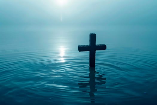 Christ with cross in water submerged in a blue lake. Generative AI.