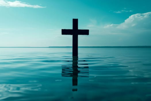 Christ with cross in water submerged in a blue lake. Generative AI.