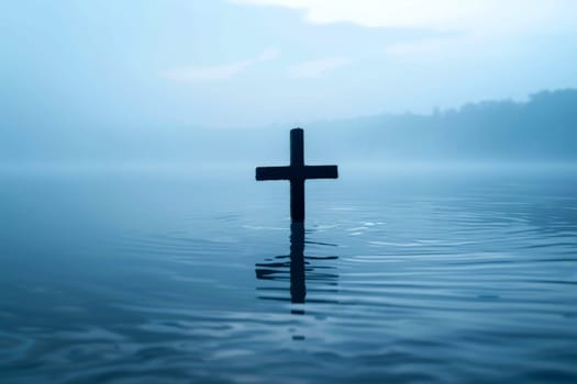 Christ with cross in water submerged in a blue lake. Generative AI.