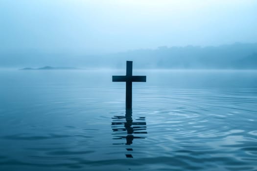 Christ with cross in water submerged in a blue lake. Generative AI.