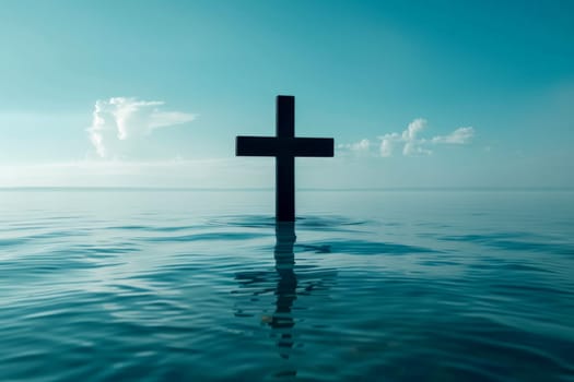 Christ with cross in water submerged in a blue lake. Generative AI.