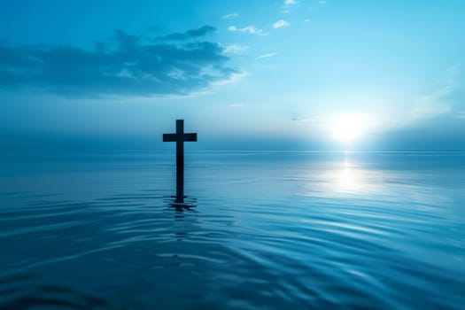 Christ with cross in water submerged in a blue lake. Generative AI.