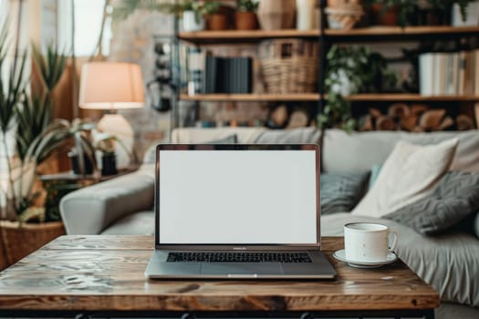 Laptop mockup with modern background and white screen. Generative AI.