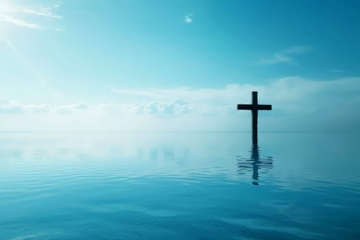 Christ with cross in water submerged in a blue lake. Generative AI.