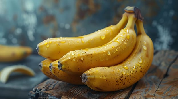Ripe bananas with water drops on a wooden surface, tropical background. AI generated.