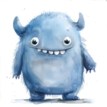 A happy blue monster with whiskers and electric blue horns is standing on a white background, showing its big teeth in a smile. Its jaw and snout are prominent features of this playful creature