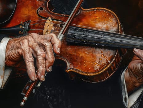 Detailed painting of a man expertly holding a violin.